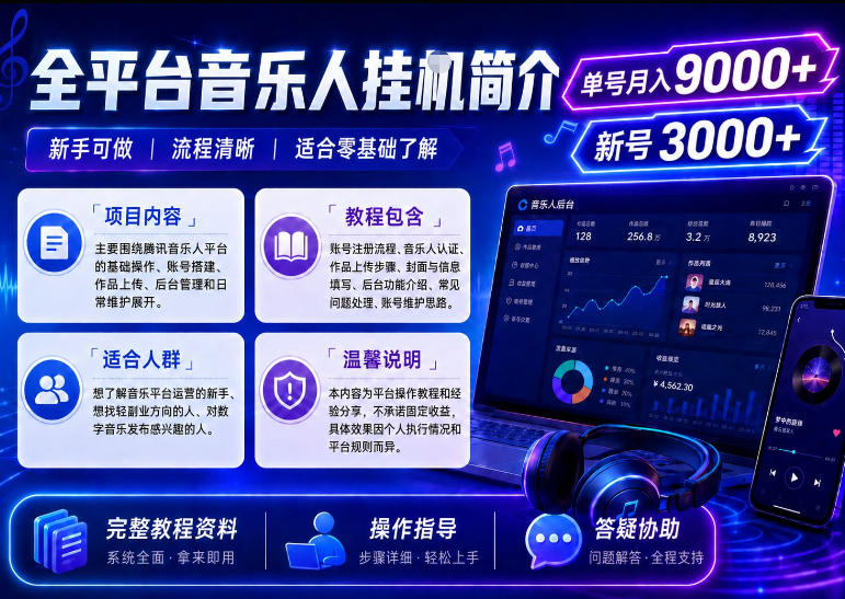 全平台音乐类挂G，单机单号月入9000+，可矩阵，可工作室放大操作【揭秘】-宝藏屋创业网