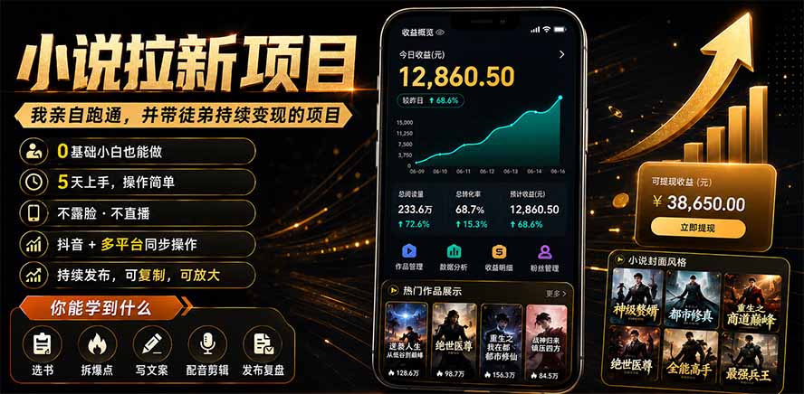 抖音及多平台小说拉新项目：我亲自跑通并持续带徒弟实操｜0基础小白5天上手快速变现-宝藏屋创业网