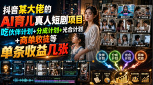 抖音某大佬的AI育儿真人短剧项目,吃伙伴计划+分成计划+光合计划+商单收徒等,单条收益几张-宝藏屋创业网