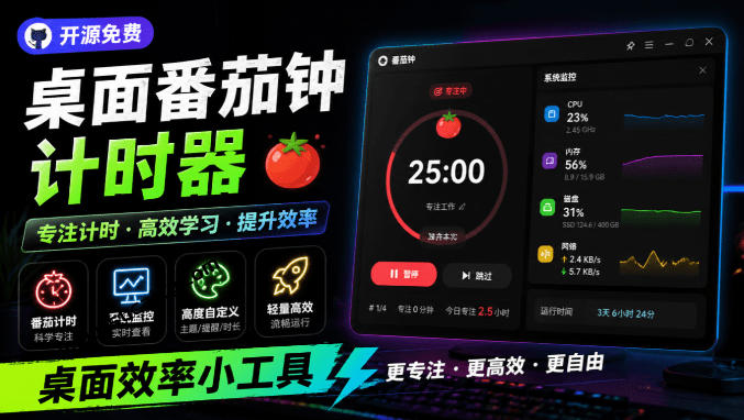 仅1.16MB，开源极简的桌面时钟、番茄钟计时器，还支持系统监控显示，桌面效率小工具Catime-宝藏屋创业网