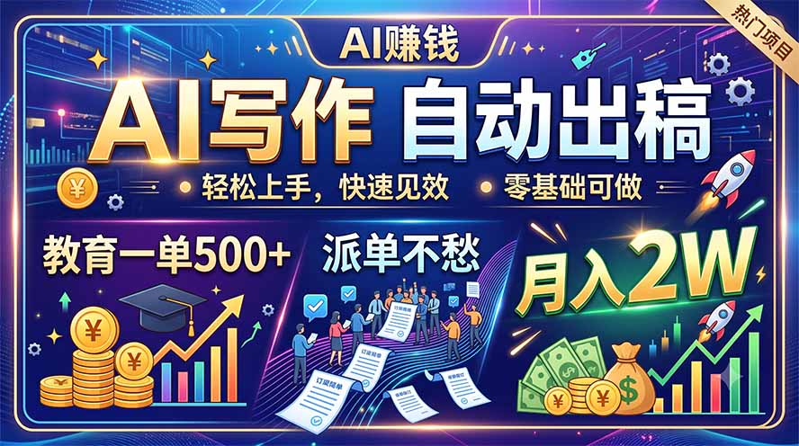 AI写作自动出稿，教育一单500+，派单不愁，月入2W-宝藏屋创业网
