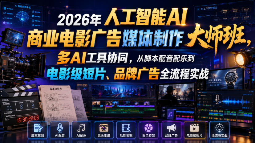2026年人工智能AI商业电影广告媒体制作大师班，多AI工具协同，从脚本配音配乐到电影级短片、品牌广告全流程实战(中英字幕)-宝藏屋创业网
