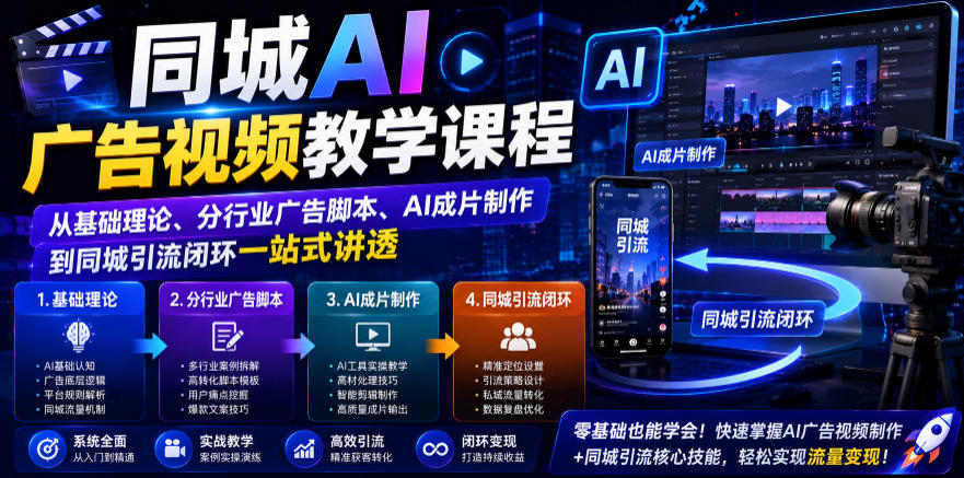 同城AI广告视频教学课程，从基础理论、分行业广告脚本、AI成片制作到同城引流闭环一站式讲透-宝藏屋创业网