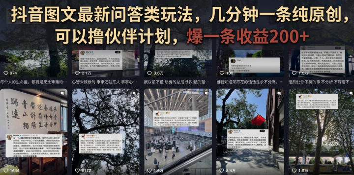 抖音图文最新问答类玩法，几分钟一条纯原创，可以撸伙伴计划，爆一条收益200+-宝藏屋创业网