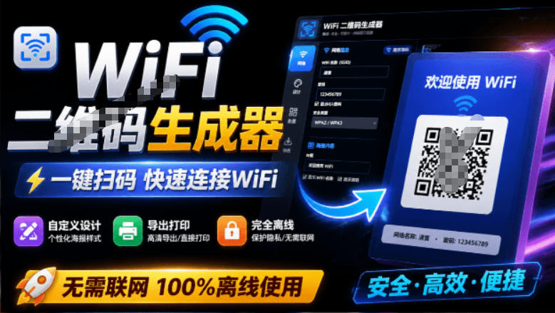 完全离线使用！WiFi二维码生成器，一键扫码快速连接WiFi，支持自定义风格导出WiFi二维码生成器-宝藏屋创业网