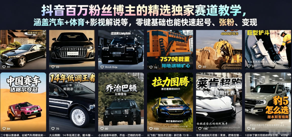 抖音百万粉丝博主的精选独家赛道教学，涵盖汽车+体育+影视解说等，零基础也能快速起号、涨粉、变现(更新0701)-宝藏屋创业网