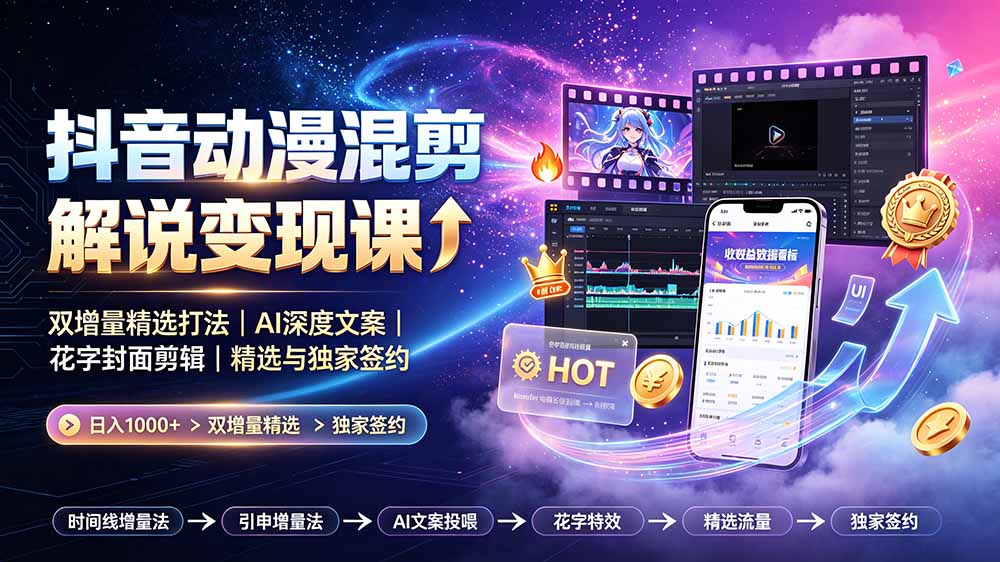 抖音动漫混剪解说变现课：双增量精选打法｜AI深度文案｜花字封面剪辑｜ 精选与独家签约日入1000+-宝藏屋创业网