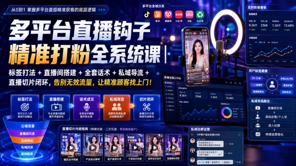 多平台直播钩子精准打粉全系统课｜标签打法+直播间搭建+全套话术+私域导流+直播切片闭环，告别无效流量，让精准顾客找上门！-宝藏屋创业网