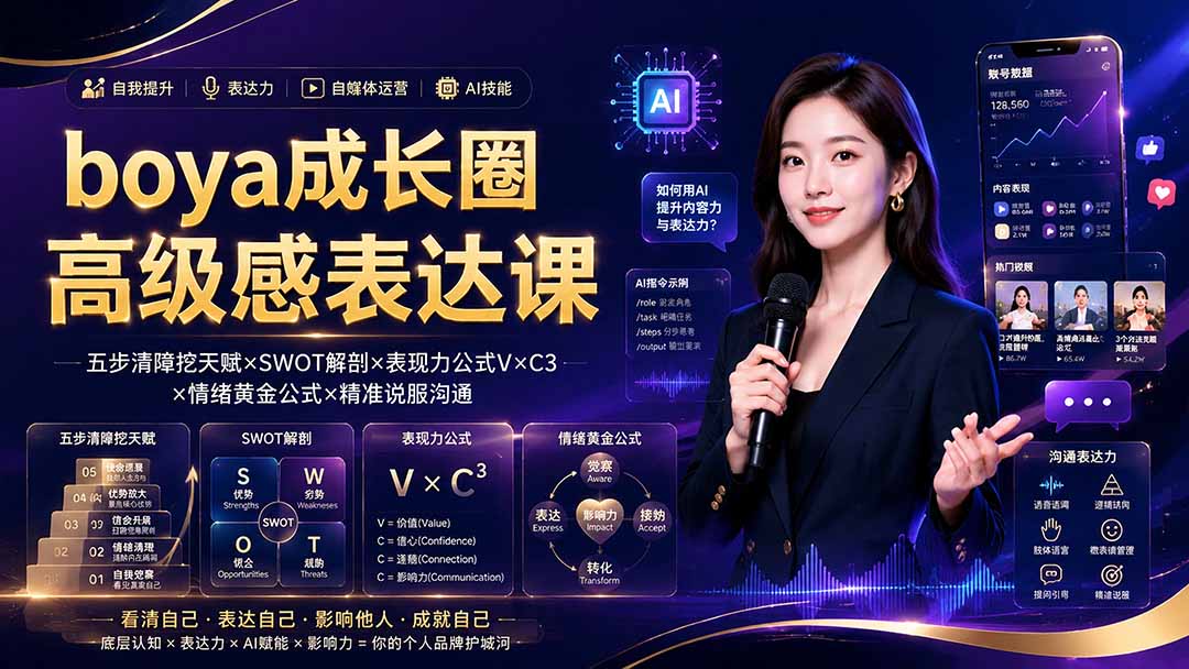 图片[2]-boya成长圈｜内心成长高级表达AI自媒体三合一，消解内耗挖掘天赋，镜头沟通AI指令短视频全流程教学-宝藏屋创业网