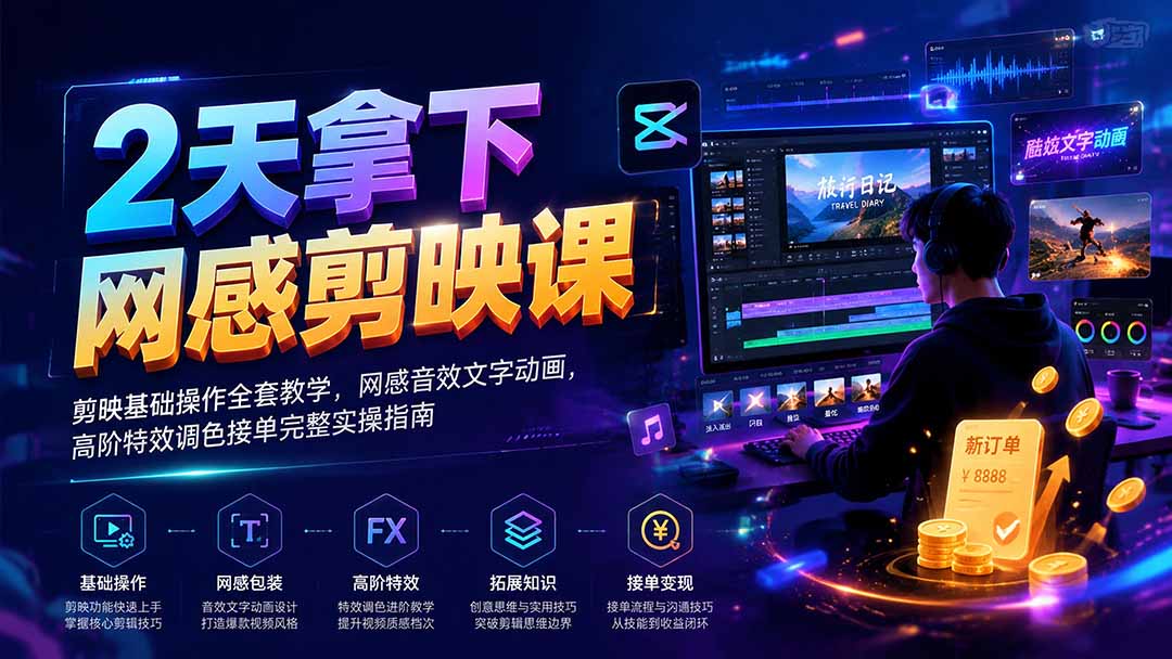 2天拿下网感剪辑课｜剪映基础操作全套教学，网感音效文字动画，高阶特效调色接单完整实操指南-宝藏屋创业网