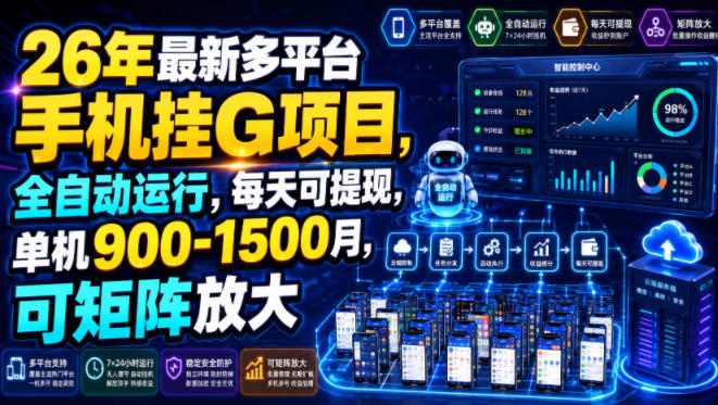 26年最新多平台手机挂G项目，全自动运行，每天可提现，单机900-1500月，可矩阵放大【揭秘】-宝藏屋创业网