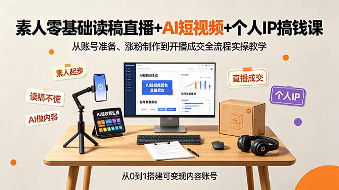 素人零基础读稿直播+AI短视频+个人IP搞钱课，从账号准备、涨粉制作到开播成交全流程实操教学-宝藏屋创业网