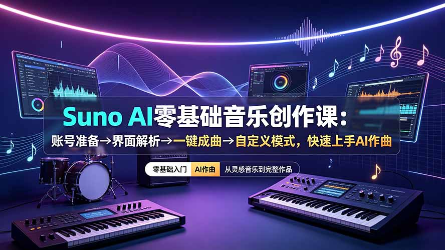 Suno AI零基础音乐创作课：账号准备→界面解析→一键成曲→自定义模式，快速上手AI作曲-宝藏屋创业网