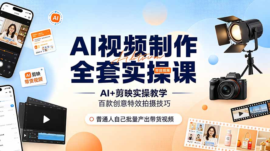 AI视频制作全套实操课，多款AI工具搭配剪映教学，百种特效运镜拍摄实操，抖音账号带货运营全覆盖-宝藏屋创业网