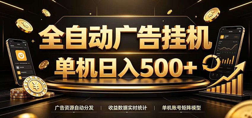 全自动广告挂机，每天24小时不停的去看广告获取收益，单机500＋-宝藏屋创业网