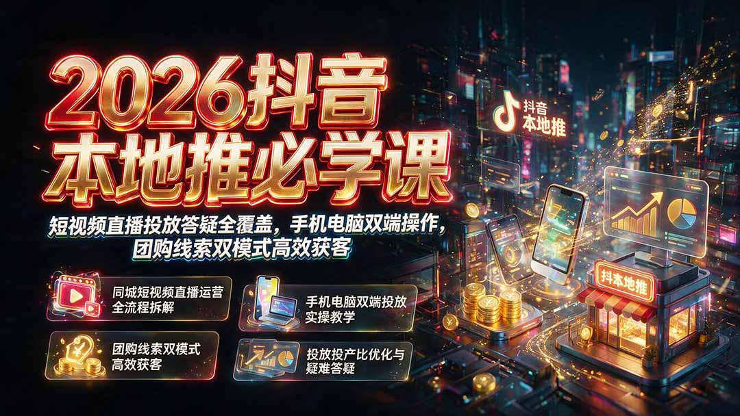 2026抖音本地推必学课｜短视频直播投放答疑全覆盖，手机电脑双端操作，团购线索双模式高效获客-宝藏屋创业网