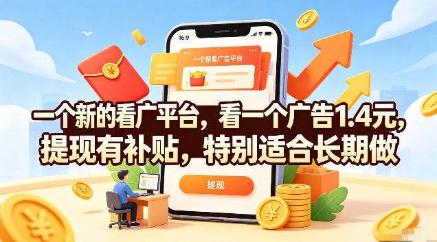 一个新的看广平台，看一个广告1.4元，提现有补贴，特别适合长期做【揭秘】-宝藏屋创业网
