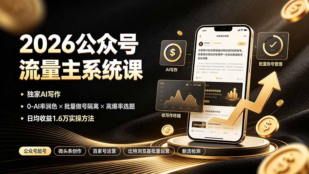 图片[2]-2026公众号流量主系统课：独家AI写作×0-AI率润色×批量做号隔离×高爆率选题，日均收益1.6万实操方法-宝藏屋创业网
