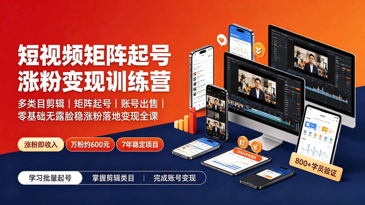 短视频矩阵起号涨粉变现训练营｜多类目剪辑·矩阵起号·账号出售，零基础无露脸稳涨粉落地变现全课-宝藏屋创业网