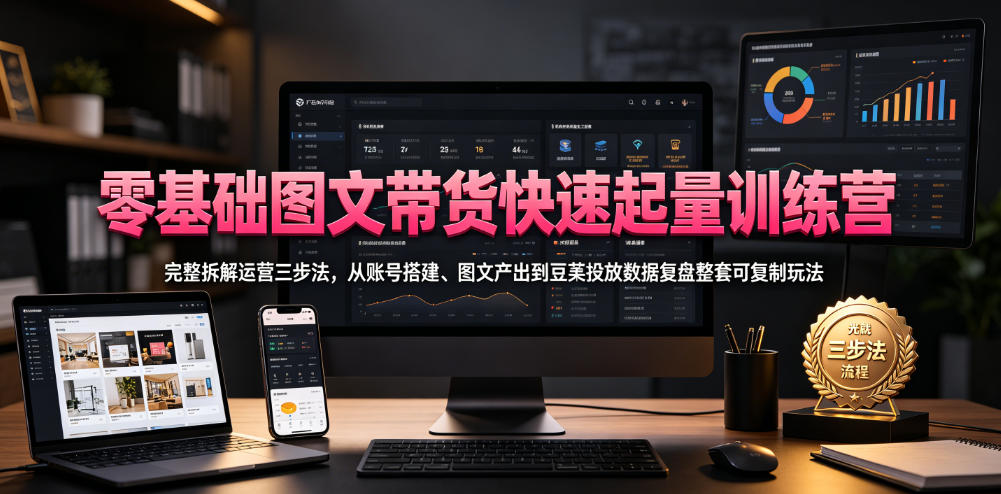 零基础图文带货快速起量训练营，完整拆解运营三步法，从账号搭建、图文产出到豆荚投放数据复盘整套可复制玩法-宝藏屋创业网