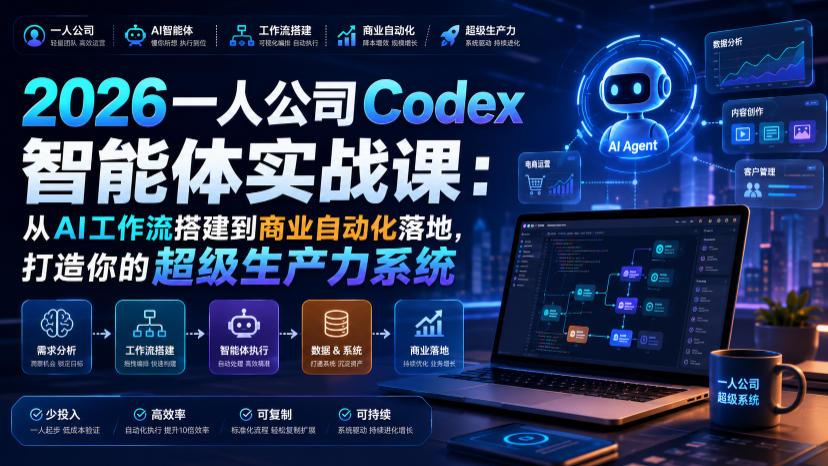2026一人公司Codex智能体实战课:从AI工作流搭建到商业自动化落地,打造你的超级生产力系统 2026一人公司Codex智能体实战课:从AI工作流搭建到商业自动化落地,打造你的超级生产力系统