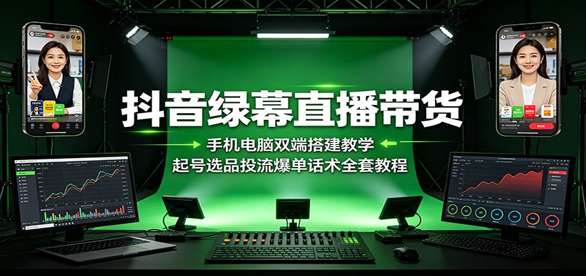抖音绿幕直播带货：手机电脑双端搭建教学，起号选品投流爆单话术全套教程-宝藏屋创业网