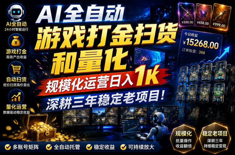 AI全自动游戏打金扫货和量化，规模化运营日入1k，深耕三年稳定老项目！【揭秘】-宝藏屋创业网