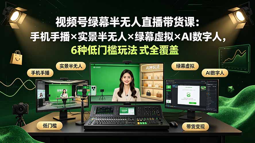 视频号绿幕半无人直播带货课：手机手播×实景半无人×绿幕虚拟×AI数字人，6种低门槛玩法全覆盖-宝藏屋创业网