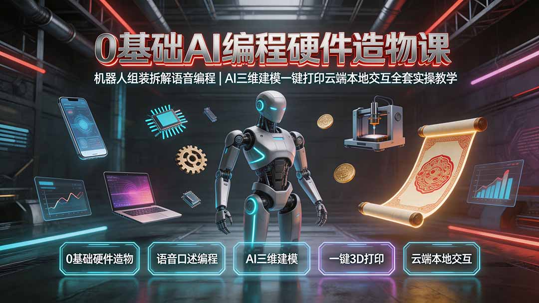 0基础AI编程硬件造物课｜机器人组装拆解语音编程，AI三维建模一键打印云端本地交互全套实操教学-宝藏屋创业网