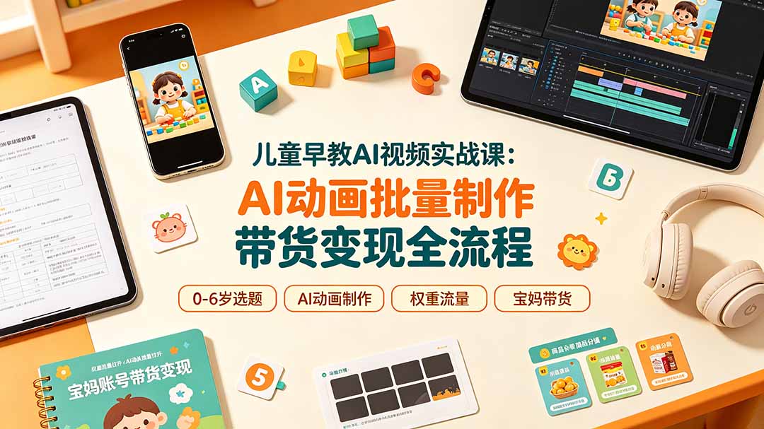 儿童早教AI视频实战课：0-6岁认知选题｜AI动画批量制作｜权重流量拉升｜宝妈账号带货变现全流程-宝藏屋创业网
