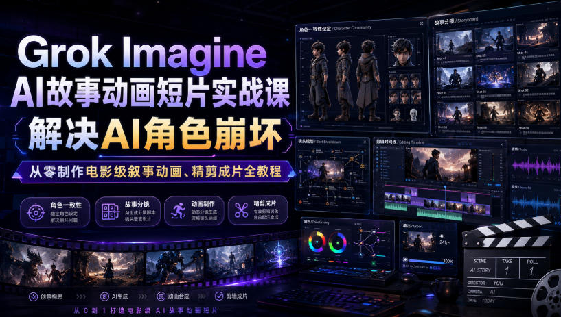 Grok Imagine AI故事动画短片实战课｜解决AI角色崩坏，从零制作电影级叙事动画、精剪成片全教程(中英字幕)-宝藏屋创业网