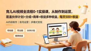 育儿AI视频全流程0-1实操课,从制作到运营,覆盖伙伴计划+分成+商单+收徒多种收益,每天500+收益-宝藏屋创业网