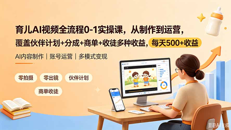 育儿AI视频全流程0-1实操课，从制作到运营，覆盖伙伴计划+分成+商单+收徒多种收益，每天500+收益-宝藏屋创业网