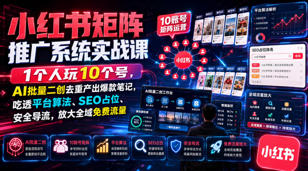 小红书矩阵推广系统实战课｜1个人玩10个号，AI批量二创去重产出爆款笔记，吃透平台算法、SEO占位、安全导流，放大全域免费流量-宝藏屋创业网