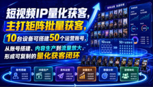 短视频IP量化获客，主打矩阵批量获客，10台设备可搭建50个运营账号，从账号搭建、内容生产到流量放大，形成可复制的量化获客闭环-宝藏屋创业网