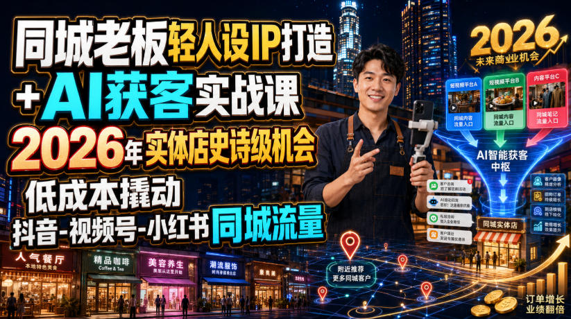 同城老板轻人设IP打造+AI获客实战课，2026年实体店史诗级机会，低成本撬动抖音-视频号-小红书同城流量-宝藏屋创业网