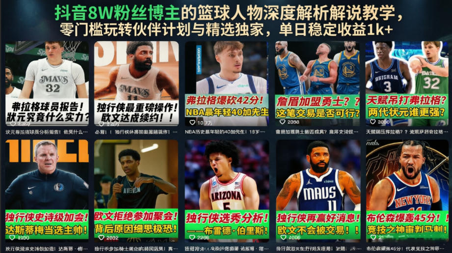 抖音8W粉丝博主的篮球人物深度解析解说教学，零门槛玩转伙伴计划与精选独家，单日稳定收益1k+-宝藏屋创业网