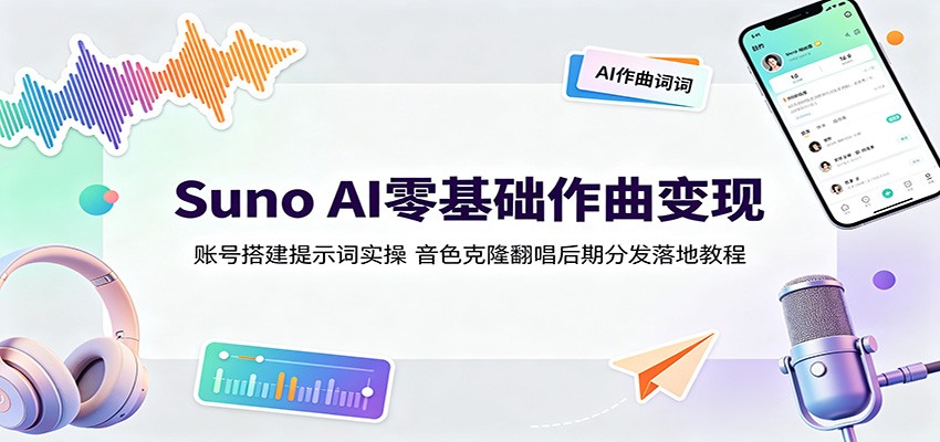 Suno AI零基础作曲变现：账号搭建提示词实操，音色克隆翻唱后期分发落地教程-宝藏屋创业网