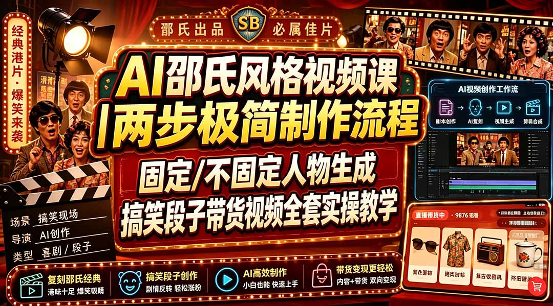 AI邵氏风格视频课｜两步极简制作流程，固定/不固定人物生成，搞笑段子带货视频全套实操教学-宝藏屋创业网