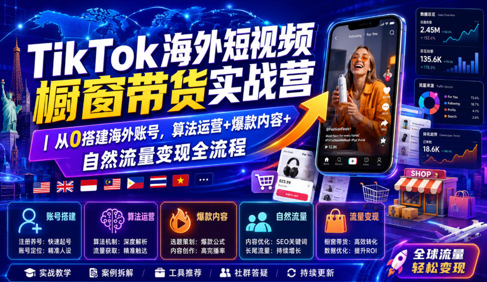 TikTok海外短视频橱窗带货实战营｜从0搭建海外账号，算法运营+爆款内容+自然流量变现全流程-宝藏屋创业网