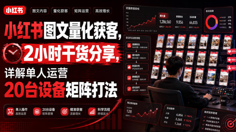 小红书图文量化获客，2小时干货分享，详解单人运营20台设备矩阵打法-宝藏屋创业网