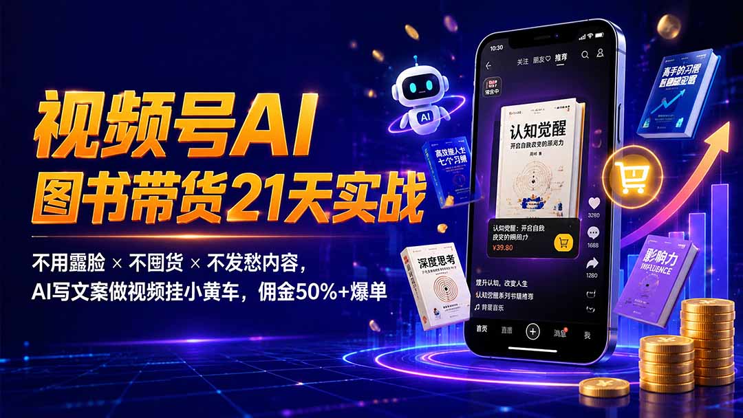 繁花视频号AI图书带货21天实战：不用露脸×不囤货×不发愁内容，AI写文案做视频挂小黄车，佣金50%+爆单-宝藏屋创业网