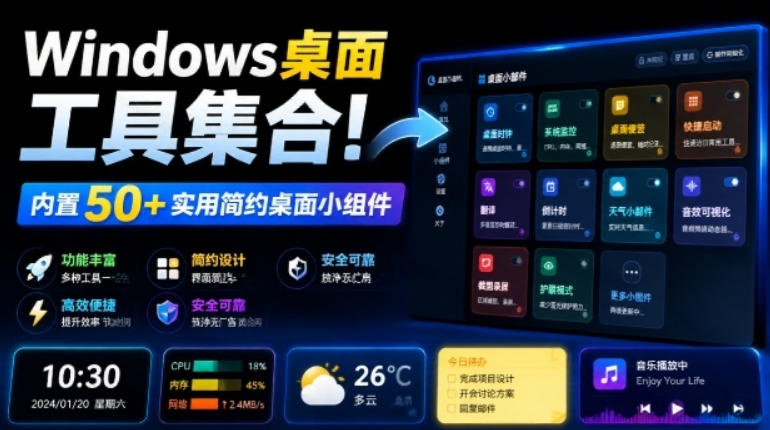 Windows桌面工具集合！内置50+实用简约桌面小组件，含截图、录屏、翻译、天气等，多秘工具箱-宝藏屋创业网