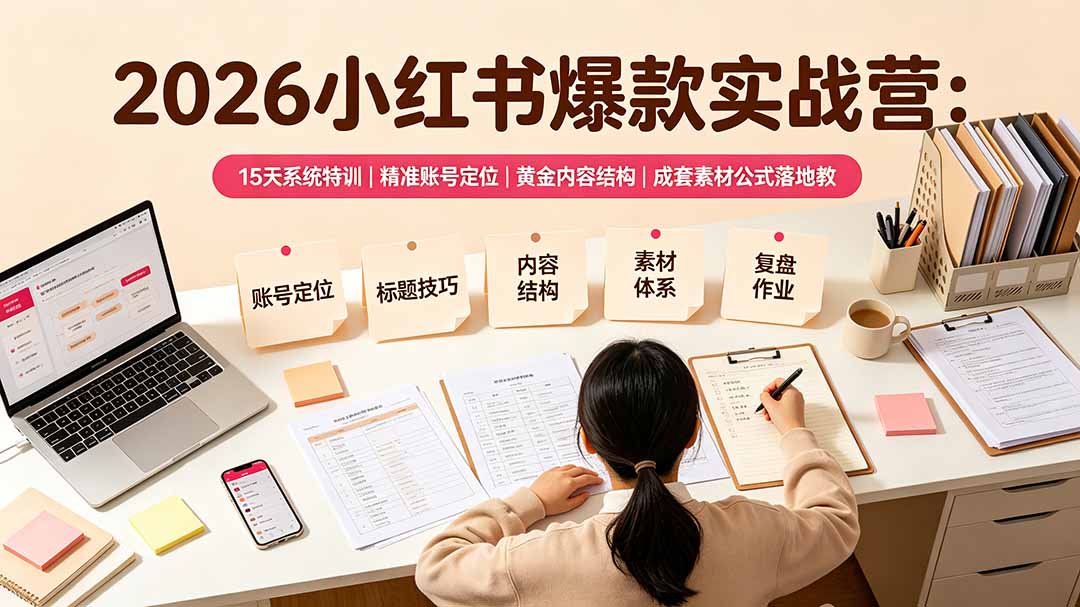 2026小红书爆款实战营：15天系统特训｜精准账号定位｜黄金内容结构｜成套素材公式落地教程-宝藏屋创业网