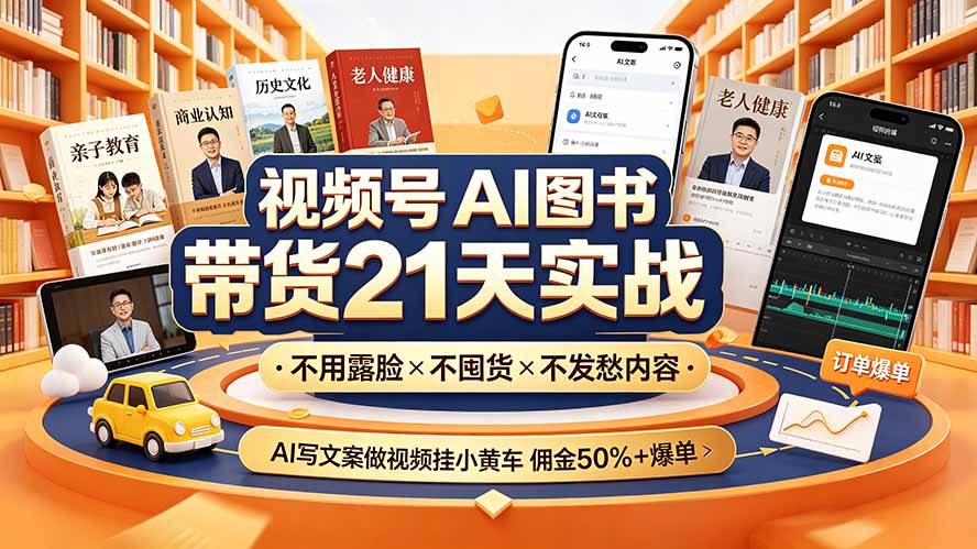 视频号AI图书带货21天实战：不用露脸×不囤货×不发愁内容，AI写文案做视频挂小黄车，佣金50%+爆单-宝藏屋创业网