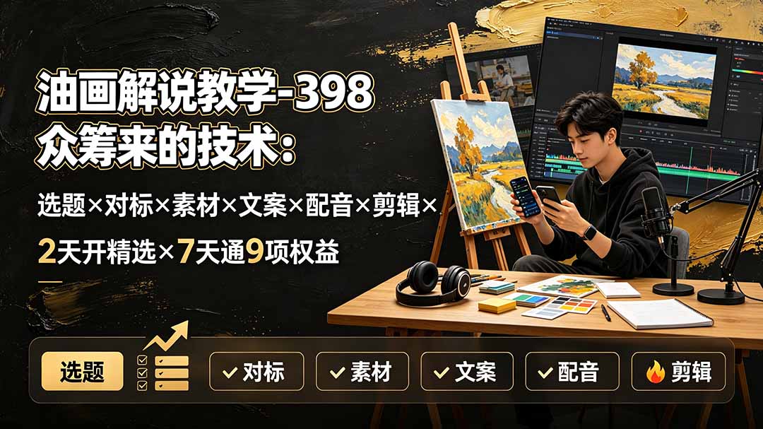 油画解说教学-398众筹来的技术：选题×对标×素材×文案×配音×剪辑×2天开精选×7天通9项权益-宝藏屋创业网