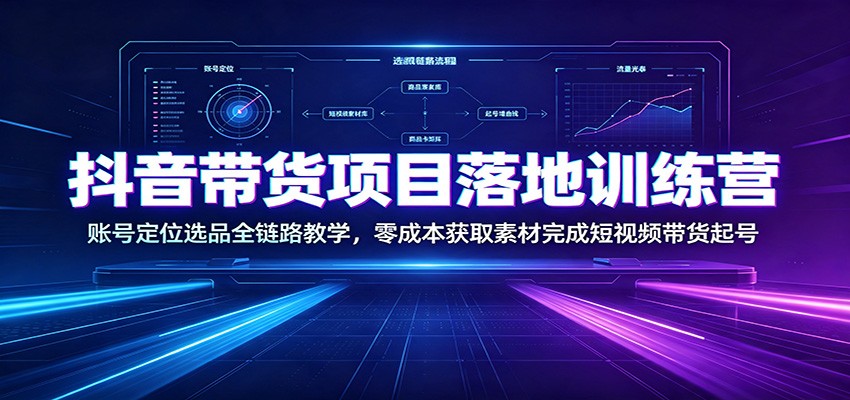 抖音带货项目落地训练营：账号定位选品全链路教学，零成本获取素材完成短视频带货起号-宝藏屋创业网