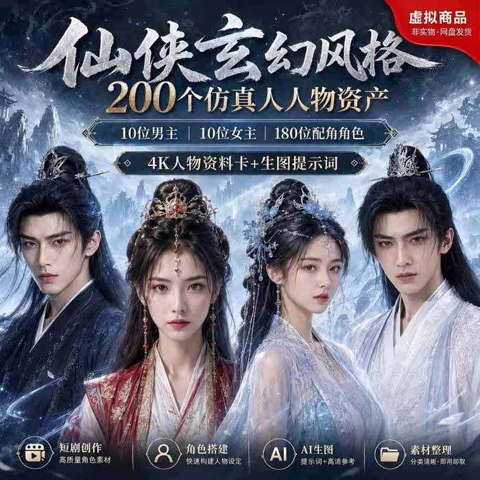 图片[2]-200个仙侠玄幻仿真人素材◆10男主×10女主×180配角，4K资料卡+AI生图提示词，漫剧必备-宝藏屋创业网
