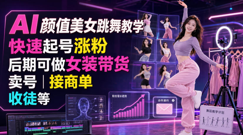 AI颜值美女跳舞教学，快速起号涨粉，后期可做女装带货，卖号，接商单，收徒等-宝藏屋创业网