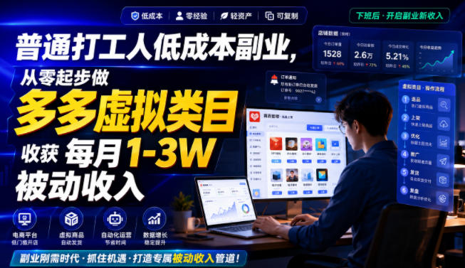 普通打工人低成本副业，从零起步做多多虚拟类目，收获每月1-3W被动收入【揭秘】-宝藏屋创业网
